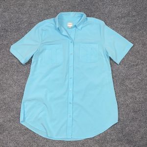 Chico’s 2 Dress shirt Womens Size L Blue Hidden Buttons Collar Short Sleeves